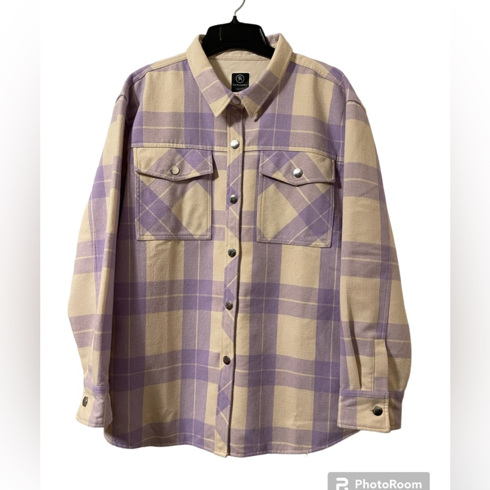 Backcountry Lontra Oversized Shirt Jacket Women’s Sz L Wool Blend Lilac plaid